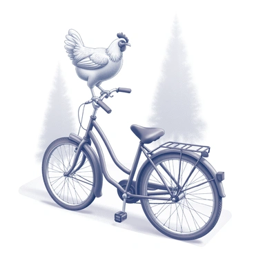 A chicken perched on the handlebars of a parked bicycle