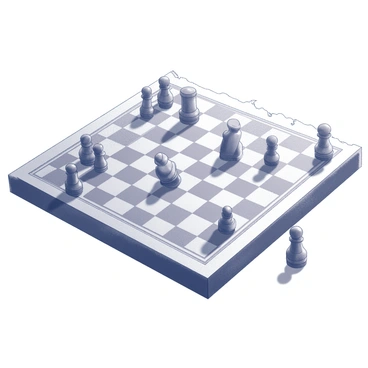 A vintage board game displayed on a worn-out cardboard playing surface. The game features a classic design, with intricate patterns visible on the board. Wooden pieces in various shapes and sizes are scattered across the surface, some upright while others lie on their sides. The edges of the cardboard are frayed, indicating age and wear. Shadows cast by the pieces create a sense of depth and texture on the surface, enhancing the nostalgic feel of the scene.
