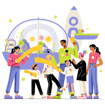 Families are gathered at an interactive ride featuring Buzz Lightyear. The ride has vibrant colors and a whimsical design, with Buzz Lightyear's iconic purple and green spaceship prominently displayed in the background. Children are excitedly holding bright yellow laser blasters, aiming them towards animated targets scattered throughout the ride. Parents are smiling and cheering as they participate along with their children. The atmosphere is lively, with other ride elements like alien characters and colorful lights enhancing the fun experience.