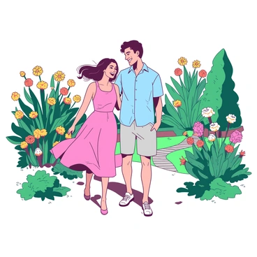 A couple is walking side by side through a lush garden filled with vibrant flowers in full bloom. The man is wearing a light blue shirt and khaki shorts, while the woman is dressed in a flowing pink dress. They are engaged in a cheerful conversation, with smiles on their faces. The garden is rich with various colors of flowers, including shades of orange and yellow, swaying gently in the soft breeze. Surrounding them are tall green shrubs and a winding stone path leading deeper into the garden.