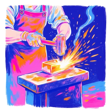 A close-up captures a blacksmith's hands as they hold a heavy hammer above a piece of glowing hot metal. The blacksmith is wearing a leather apron and gloves, displaying muscular forearms. In the background, the anvil is sturdy and worn, while bright orange sparks fly in dynamic arcs around the scene. The air is filled with the vivid light of the sparks contrasting against the dark metal surfaces. A faint shimmer of heat waves distorts the air around the anvil.