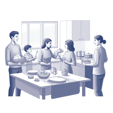 A kitchen filled with activity. A family of four is interacting as they bring freshly cooked meals to a dining table. The mother and father are carrying large ceramic bowls filled with steaming food, while the two children are carefully balancing plates and utensils. The kitchen countertops are cluttered with cooking utensils and ingredients, showcasing the preparation that has taken place. The dining table is set with a tablecloth, plates, and silverware, ready for the meal. A window in the background allows natural light to illuminate the scene.