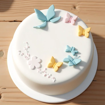 A simple round cake, frosted in smooth white icing and featuring a delicate floral design. The cake is adorned with colorful edible butterflies made of fondant, showcasing a variety of hues including blue, yellow, and pink. It is placed on a rustic wooden table with visible grain and texture. Soft natural light illuminates the scene, highlighting the intricate details of the butterflies and the cake’s frosting.