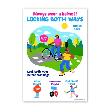 A vibrant illustrated poster featuring various safety tips for kids. The poster includes several cartoon-style characters engaged in safe behaviors. One character is wearing a bicycle helmet while riding a bright blue bike, and another is looking both ways before crossing a crosswalk with painted lines. The background is filled with colorful trees, a sunny sky, and playful clouds. Text elements include "Always wear a helmet!" in bold, colorful letters, and "Look both ways before crossing!" below the characters. Each safety tip is accompanied by simple visual icons, such as a helmet, a stop sign, and a first aid kit, all designed in bright, engaging colors.