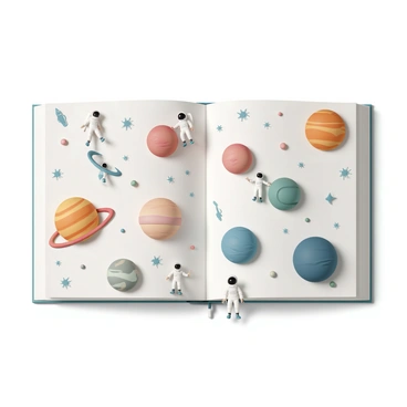 A scrapbook page filled with a variety of illustrated planets, each featuring distinct colors and textures. The planets range from vibrant red and orange rings to deep blue and green hues. Scattered across the page are several astronaut figures, each wearing a white space suit with a clear helmet, posed in different positions, some floating and others reaching towards the planets. The background is designed with stars and galaxies, enhancing the cosmic theme. There are decorative elements like doodles of rockets and shooting stars, adding to the overall playful look of the page.