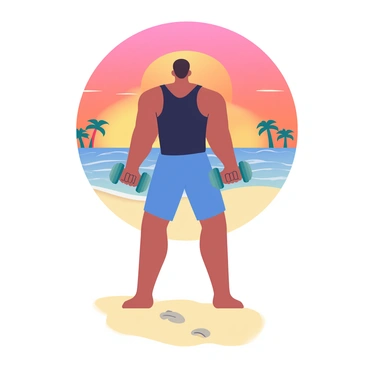 A person with medium skin is lifting dumbbells on a sandy beach. The person is wearing a fitted black tank top and blue shorts, showcasing muscular arms. In the background, a vibrant sunset casts warm orange and pink hues across the sky, reflecting off gentle waves. Silhouettes of distant palm trees frame the scene, adding to the serene atmosphere. The beach is mostly empty, with a few scattered seashells in the sand and soft footprints leading toward the water.