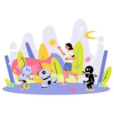 A child with short brown hair is joyfully playing in a futuristic playground filled with vibrant colors. The playground features sleek, shiny equipment with smooth curves and bright lights. Surrounding the child are three friendly robots, each with unique designs: one has a round body and glowing blue eyes, another is tall and slender with articulated limbs, and the third is small and round, bouncing playfully. The robots are interacting with the child, one reaching out a metallic hand while another is spinning in circles. The ground is covered with a soft, colorful surface, and large, whimsical structures rise in the background, creating a lively and engaging atmosphere.