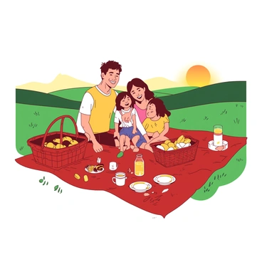 A red picnic blanket is spread out on a green grassy hill. A family of four is gathered around the blanket, smiling and laughing together. The parents are seated on the blanket, while two children are playfully running around. There is a wicker basket filled with various snacks placed at one corner of the blanket. Nearby, a thermos with orange juice and a few colorful plates are scattered across the blanket. The sun is setting behind the rolling hills, casting a warm glow over the scene, illuminating the family and creating a peaceful atmosphere.