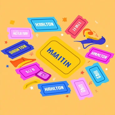A collection of colorful theater ticket stubs in various shapes and sizes scattered across a wooden table. Each ticket stub features vibrant colors and different designs, showcasing title names like "The Phantom of the Opera" and "Hamilton" in bold text. Some stubs have intricate borders and playful graphics, while others display specific show times. The table has a warm, natural wood grain, adding contrast to the bright ticket stubs.