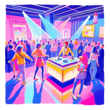 A retro-futuristic nightclub scene features a vibrant neon dance floor illuminated in bright blues, pinks, and greens. The dance floor is crowded with people dressed in eclectic 1980s-inspired outfits, dancing energetically. A robotic DJ stands behind a sleek, futuristic DJ booth, equipped with turntables and glowing lights. The walls of the nightclub are adorned with geometric patterns and retro neon signs. Colorful beams of light project from the ceiling, enhancing the lively atmosphere.