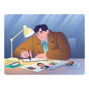 A detective with short black hair and wearing a brown trench coat is intensely focused on clues spread across a wooden table in a dimly lit room. The table is cluttered with various items, including a magnifying glass, a notepad with scribbled notes, and scattered photographs of potential suspects. A single desk lamp casts a warm glow over the scene, highlighting the details of the clues. In the background, shadows fall across the walls, creating an atmosphere of mystery and concentration. The detective's brow is furrowed in concentration as he examines a particular photograph closely.