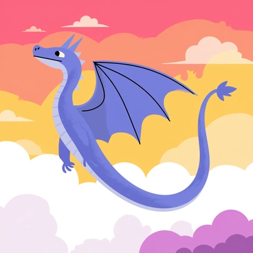 A dragon with vibrant blue scales and large, majestic wings is soaring through a sunset sky. The sky is painted in hues of orange, pink, and purple, creating a dramatic backdrop. Fluffy white clouds surround the dragon as it glides gracefully. Its eyes are bright and focused, and its long tail trails behind it, adding to its sense of motion. The dragon's wings are spread wide, catching the warm colors of the sunset.