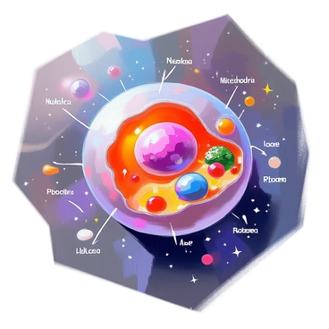 An animal cell is depicted as a small planet in space, showcasing its distinct features. The cell membrane is represented as a colorful outer layer, with various organelles like the nucleus, mitochondria, and endoplasmic reticulum visibly integrated as landscape elements on the surface of the planet. Orbiting around the cell planet are labeled arrows pointing to each organelle, with clear and concise labels indicating their names, such as "Nucleus," "Mitochondria," and "Ribosomes." The background is filled with stars and galaxies, adding depth to the cosmic scene.