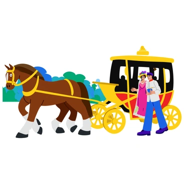 A footman in a crisp uniform stands next to an elegant horse-drawn carriage. The footman is holding the door open, offering a helping hand to a noblewoman. The noblewoman is wearing a lavish gown with intricate details and a wide-brimmed hat adorned with flowers. The carriage is painted in a rich color, with shining brass accents, and is drawn by two strong horses. The scene captures the moment as the noblewoman steps gracefully into the carriage, with a vibrant garden in the background.