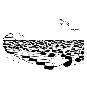 A beach scene with a checkered sand pattern stretching across the shore. The sea is depicted as liquid rainbow, with swirling patterns of vibrant colors flowing and merging together. Gentle waves lap against the shore, creating a dynamic texture. A few seagulls are soaring above the water, and a distant horizon line separates the sea from a clear sky.