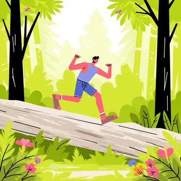 An outdoor enthusiast performing step-ups on a large, weathered fallen log in a dense forest. The person is wearing a bright blue tank top and sturdy hiking shorts, showcasing their athletic build. Sunlight filters through the leafy canopy above, casting dappled shadows on the forest floor. Surrounding the log are lush green ferns and vibrant wildflowers in various colors. The forest is filled with tall trees, their trunks stretching upwards, and a few colorful birds can be seen perched on branches above. The scene conveys a sense of active engagement with nature.