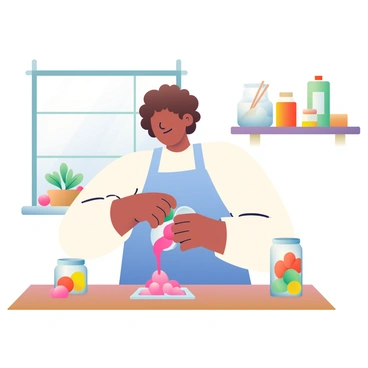 An artisan with medium skin and curly brown hair is standing at a wooden workbench in a cozy workshop. They are wearing a light blue apron over a white long-sleeve shirt. The artisan is pouring a vibrant pink guava-flavored mixture into small molds shaped like fruits. Nearby, there are jars filled with various colorful candies, including yellow, green, and red varieties. A window in the background allows soft natural light to illuminate the scene, highlighting a wooden shelf lined with tools and ingredients. A small potted plant sits on the windowsill, adding a touch of greenery to the warm atmosphere.