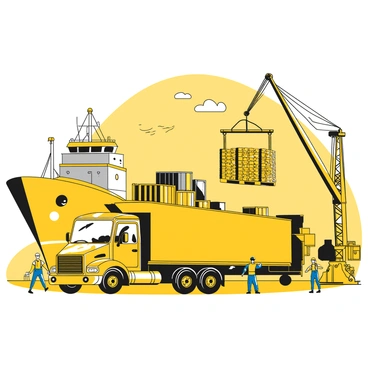 A large truck is positioned beside a ship at a busy harbor, unloading stacks of bricks. The truck is painted in yellow and features a flatbed design. The ship, a cargo vessel with containers, is docked at the pier, with ropes securing it in place. In the background, several workers are actively moving around, some carrying additional bricks while others are coordinating the loading process. Cranes are visible, towering over the scene, with one in action, lifting a pallet of bricks up towards the ship's cargo hold. The harbor is filled with various boats and vessels, and the scene captures a sense of industrious activity.