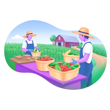 A rural farm scene featuring farmers carefully packaging fresh produce for export. The farmers are wearing sun hats and gloves, focused on their task. Baskets filled with vibrant and colorful fruits and vegetables, such as red tomatoes, green peppers, and yellow corn, are arranged on wooden tables. In the background, rows of green crops stretch towards a clear blue sky, and a rustic barn can be seen beside a dirt pathway. The overall atmosphere conveys a sense of hard work and dedication to quality.