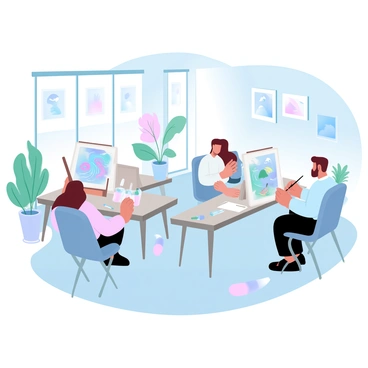An illustration agency office in Ireland filled with natural light. Several artists are seated at large desks, each focused on their own colorful artboards. One artist has a vibrant painting with swirling patterns, while another is sketching scenes of nature. A wall behind them is decorated with framed artwork showcasing various styles and themes. Potted plants are placed near the windows, adding greenery to the space. There are also art supplies such as paint tubes, brushes, and sketchbooks scattered across the desks.