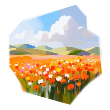 A sprawling field filled with vibrant orange flowers, their petals gently swaying in the breeze. The flowers are densely packed, creating a vivid carpet of color that stretches as far as the eye can see. In the background, there are soft green hills that complement the brightness of the flowers. The sky above is a clear blue with a few fluffy white clouds drifting lazily. The overall scene captures the dynamic movement of the flowers, giving a sense of life and tranquility.