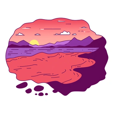 A red Patagonian beach is bathed in the warm light of sunset. Gentle waves softly lap against the shore, creating small ripples in the sand. In the background, there are distant purple mountains silhouetted against the colorful sky. The horizon is a blend of reds and oranges, while patches of white clouds are scattered above the mountains. There are a few smooth stones scattered along the shore, adding texture to the sandy landscape.