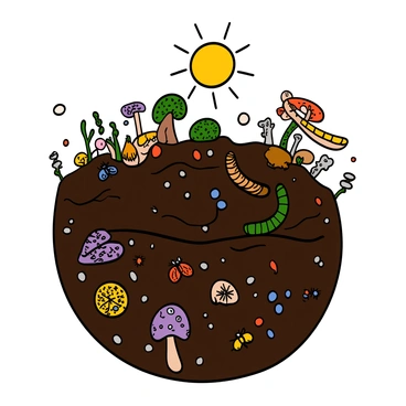 A detailed illustration of the humus layer in soil, showcasing various decomposers actively at work. The scene includes dark, rich soil with small particles of humus interspersed throughout. Visible decomposers include earthworms with segmented bodies, various types of fungi with intricate networks, and a variety of bacteria represented as tiny dots. There are also small insects, such as beetles and ants, busy in their activities. Sunlight is filtering through the surface, illuminating the layers above while casting soft shadows in the humus layer below, emphasizing the dynamic ecosystem at play.