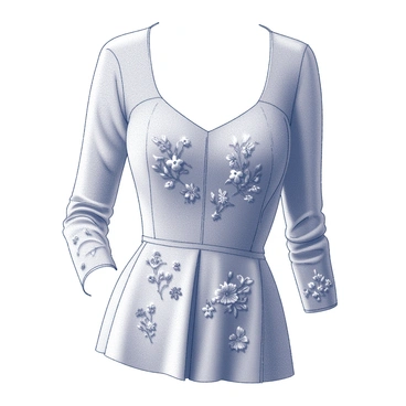 A close-up of a gown showcasing intricate embroidery. The bodice features detailed floral designs, with various flowers skillfully woven into the fabric. The sleeves have similar floral embroidery, extending elegantly down the arms. The fabric of the gown appears textured and layered, highlighting the craftsmanship of the embroidery. Each flower is distinct, with varying shapes and sizes, creating a rich visual tapestry across the gown.