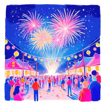 A nighttime celebration is taking place under a starlit sky. Fireworks are exploding above, creating vibrant bursts that resemble intricate plasma patterns in a spectrum of colors. People are gathered below, some holding sparklers that light up their faces. Colorful banners and lanterns adorn the scene, adding to the festive atmosphere. The ground is sprinkled with confetti, reflecting the glow of the fireworks overhead.