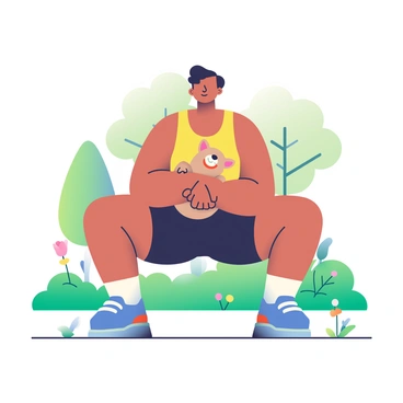 A person with dark hair is doing squats in a park while holding a small brown dog in their arms. The individual is wearing a bright yellow tank top and black athletic shorts. The park is filled with lush green grass and a few trees in the background. There are colorful flowers blooming nearby. The small dog appears to be a Chihuahua, with a curious expression on its face as it is held close to the person's chest. Sunlight filters through the leaves, casting soft shadows on the ground.