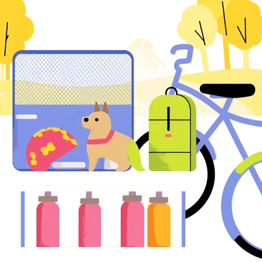 A colorful bike display featuring various pet-friendly accessories. The display includes a bright blue bike carrier with a mesh top and a secure harness inside. Nearby, there is a small red helmet designed for a dog, showcasing a cute bone pattern. A vibrant green backpack carrier hangs from the handlebars of a bike, and there are pink and orange water bottles designed for pets placed on a shelf below. The background consists of a sunny park scene with trees and a bicycle path, emphasizing an outdoor, pet-friendly theme.