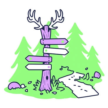 A rustic signpost made of rough wood is positioned at a forest trailhead. The signpost is adorned with several antlers, each pointing in different directions. The signs attached to the post display various trail names, clearly marked. Surrounding the signpost are tall trees with dense foliage, creating a sense of being deep in the forest. Fallen leaves cover the ground, and a small path leads away from the signpost, inviting exploration into the wilderness.