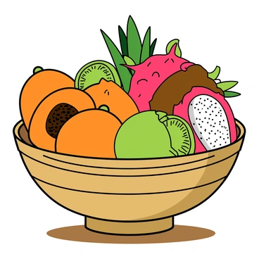 A large, round bowl made of bamboo, overflowing with an assortment of colorful tropical fruits. The bowl contains bright orange papayas, sliced to reveal their black seeds and juicy flesh. There are vibrant green kiwis, their fuzzy brown skin partially intact, showcasing their bright green interior with tiny black seeds. The bowl also features eye-catching pink dragon fruit, its outer skin adorned with green leaf-like scales, with a few slices showing the white interior dotted with black seeds. Some fruits are stacked high, creating a dynamic and abundant display. The bowl is placed on a wooden table, with a light source casting soft shadows around the vibrant fruits.