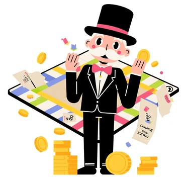The Monopoly man is tipping his top hat with a cheerful smile. He has a white mustache and is wearing a black suit with a red bow tie. His eyes are bright and friendly. He is standing in front of a colorful game board filled with property spaces and chance cards. In the background, there are stacks of gold coins and colorful tokens scattered around, emphasizing the theme of wealth and fun in the game.