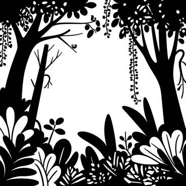 A dense rainforest canopy filled with a variety of leaves and branches. Sunlight filters through the foliage, creating patterns of light and shadow on the ground below. Several vines hang down from the branches, and clusters of leaves overlap densely, showcasing their intricate textures. In the background, the silhouette of different tree trunks can be seen, emphasizing the lushness of the environment. A few small birds are perched on the branches, adding to the scene's liveliness.