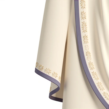 A close-up view of an intricately designed Roman toga, featuring a rich cream fabric with elaborate golden embroidery along the edges. The toga drapes elegantly, with deep folds that emphasize its luxurious texture. Small, detailed motifs, such as laurel leaves and geometric patterns, are woven into the fabric, creating a sophisticated design. The garment is partially adorned with a thick purple stripe that runs along one side, indicating the status of the wearer. The close-up captures the fine craftsmanship and the delicate interplay of light on the folds of the toga.