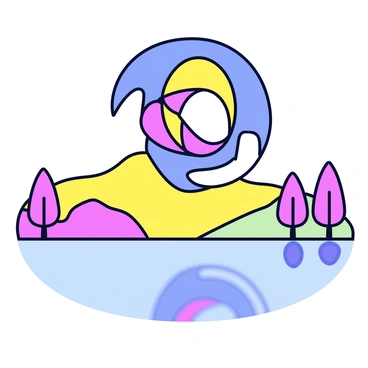 A swirling vortex of colors in vibrant hues of blue, pink, and yellow spirals above a calm lake. The vortex has a smooth, spiral shape with the colors blending seamlessly into one another. Below, the lake reflects the colors of the vortex, creating a colorful mirror effect on the surface of the water. The surrounding landscape is simple, featuring minimalistic shapes of trees and hills in the background.
