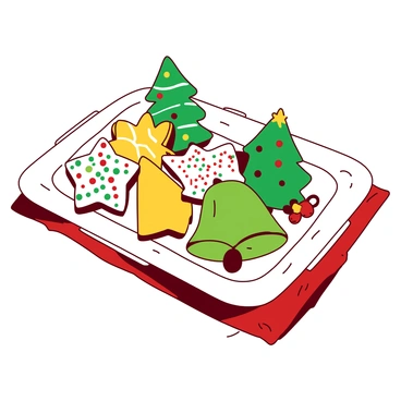 A white platter is filled with assorted holiday cookies shaped like "stars," "trees," and "bells." The cookies are decorated with colorful icing in various forms, with some featuring vibrant sprinkles. The "stars" are adorned with yellow icing, while the "trees" have green icing with tiny red dots representing ornaments. The "bells" are finished with a shiny silver glaze. The platter is placed on a festive red tablecloth, enhancing the holiday theme of the arrangement.