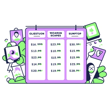 A large banner is displayed prominently, showcasing various illustration prices for a gallery event. The banner is divided into sections, each containing different pricing information. The headings for each price category are bold and clearly visible. Surrounding the text are various illustrations, including examples of artwork like landscapes, portraits, and abstract designs. Each illustration is labeled with the corresponding price. The colors of the banner are vibrant, creating an eye-catching display that attracts attention. The background features decorative elements that enhance the overall appeal of the banner.