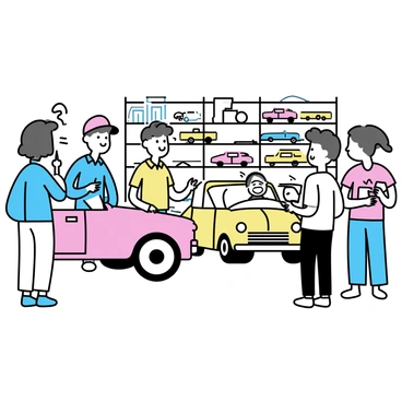 A vintage car trainer stands beside a classic car, pointing at its features while explaining details to a group of interested individuals. The trainer is wearing a plaid shirt and a cap, surrounded by several people of varying ages who are attentively listening and taking notes. The garage is filled with various retro vehicles, showcasing different makes and models, all in pristine condition. Tools and car parts are neatly organized on shelves in the background, and the floor is clean and brightly lit, emphasizing the classic cars on display.