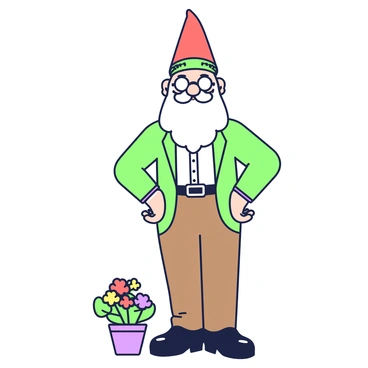 A vintage gnome is standing confidently, dressed in 1920s fashion. He has a pointed red hat adorned with a green band, and his beard is fluffy and white, contrasting with his stylish outfit. The gnome is wearing a crisp white shirt and tailored brown trousers, complemented by a small green bow tie that adds a touch of elegance. His round glasses rest on his nose, and he sports shiny black shoes. The gnome stands with hands on his hips, exuding charm and charisma, while a small flower pot with vibrant flowers sits beside him.