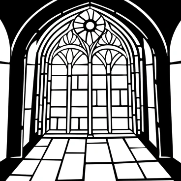 A large stained glass window with an intricate design featuring floral patterns and geometric shapes. The window has multiple sections outlined in dark lead, creating a striking contrast. Sunlight shines through, casting intricate patterns of shadows on the floor below. The scene highlights the detailed craftsmanship of the glass pieces, which are arranged in a harmonious composition.