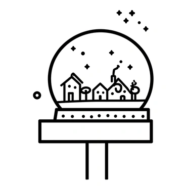 A transparent snow globe resting on a wooden table. Inside the globe is a tiny village, featuring small houses with slanted roofs, all covered in a layer of white snow. There are small, intricate details like smoke curling from chimneys and tiny trees scattered throughout the village, dusted with snow. The scene captures a gentle snowfall, with white flakes swirling around inside the globe, creating a picturesque winter landscape. The base of the snow globe is decorated with a simple pattern, complementing the snowy scene inside.