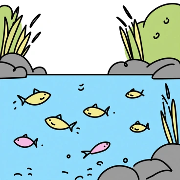 A group of tiny trout fry, with delicate shimmering scales reflecting the light, can be seen swimming in a crystal-clear nursery stream. The water is gently flowing over smooth pebbles and bits of gravel at the streambed. Lush green aquatic plants sway gently with the current, providing a vibrant backdrop. Some fry dart in and out of the shadows, while others venture closer to the surface, exploring their new habitat filled with tiny insects and other small creatures. Sunlight filters through the overhead foliage, creating dappled patterns on the water's surface.