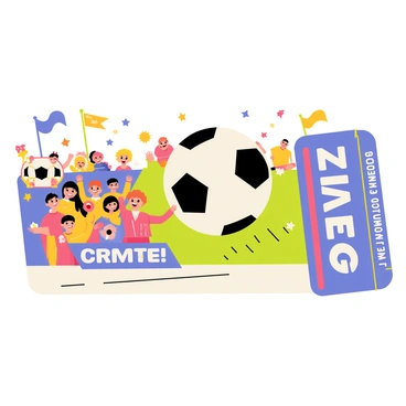 A dynamic sports event ticket with a rectangular shape, designed in vibrant colors. The ticket has a large printed image of a "soccer ball" prominently displayed in the center. Surrounding the soccer ball, there are illustrations of a "roaring crowd" with animated faces expressing excitement and joy. The background includes a "stadium" setting, with cheering fans waving flags and banners. Bright lights and confetti are illustrated above the crowd, enhancing the festive atmosphere of the event.