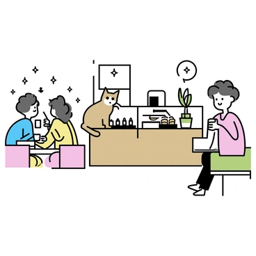 A cozy coffee shop interior, featuring wooden counters and soft lighting. A brown tabby cat with green eyes is sitting on the counter, looking attentively at the customers. The customers are engaged in conversations at various tables, with some sipping from cups. A coffee machine is visible behind the counter, and pastries are displayed in a glass case beside the cat. Various plants are placed around the shop, adding a touch of greenery.