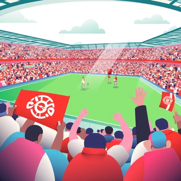 A panoramic view of Old Trafford stadium is filled with excited fans. The stands are packed with people wearing various Manchester United jerseys. Some fans are holding large flags with the team's logo, while others have painted their faces in red and white colors. The atmosphere is vibrant, with fans jumping and cheering with raised arms. The green pitch is visible in the center, and a few players can be seen warming up in the background. The sky above is partly cloudy, adding depth to the scene.