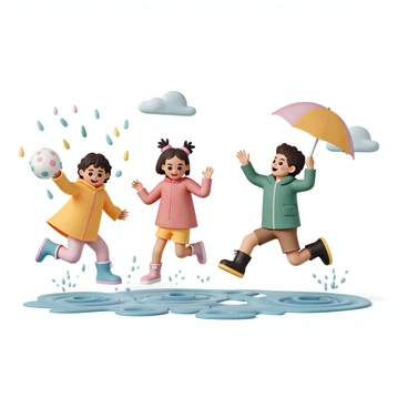 A group of three children, two girls and one boy, are joyfully jumping in puddles on a wet, shiny pavement. One girl is wearing a bright yellow raincoat, blue rubber boots, and has a colorful polka-dot umbrella. The other girl is dressed in a red rain jacket, pink rain boots, and is twirling a rainbow umbrella. The boy is wearing a green rain jacket and black rain boots while he leaps with excitement, splashing water around him. Light rain falls gently from a cloudy sky, creating ripples in the puddles.