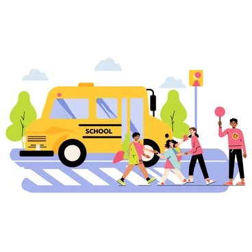 A bright yellow school bus with large black tires is coming to a stop at a crosswalk. The bus has "SCHOOL" written on its front in bold letters. Several children of various ages are crossing the road safely, holding hands and smiling. They are wearing colorful backpacks and have different hairstyles. The crosswalk has white stripes, and a friendly crossing guard is standing nearby, waving a bright stop sign to ensure their safety. There are trees and a clear blue sky in the background.