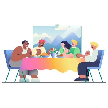 A family having a lively dinner conversation with a large screen in the background